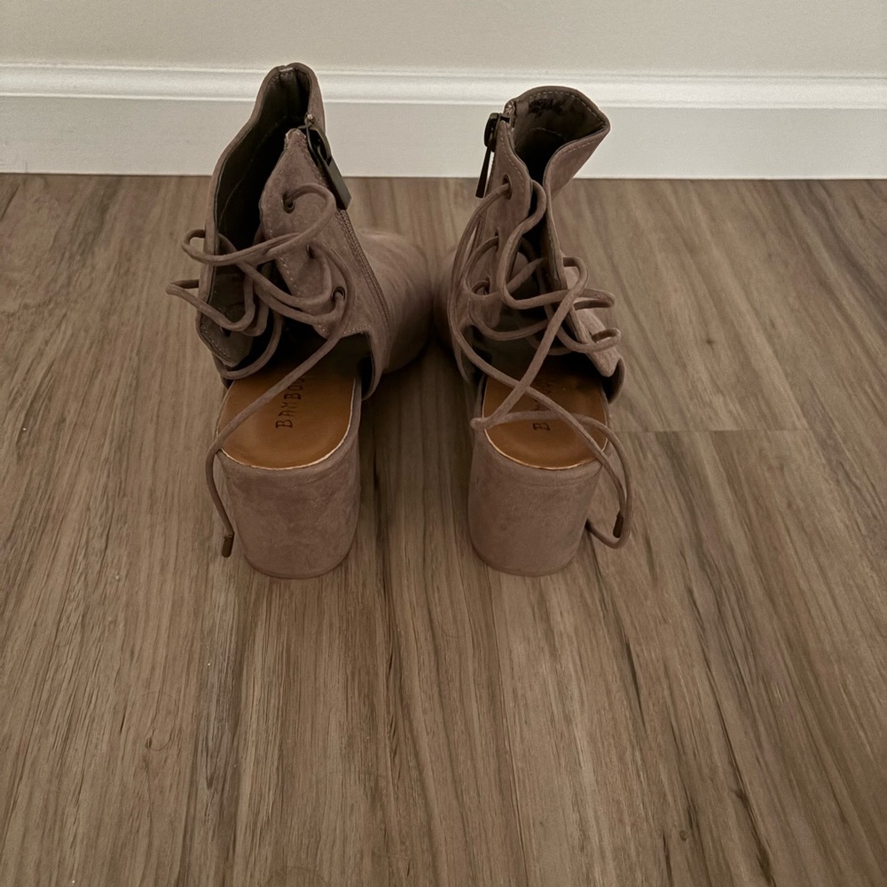 BAMBOO Tan Peep-Toe Ankle Booties - Picture 3 of 5